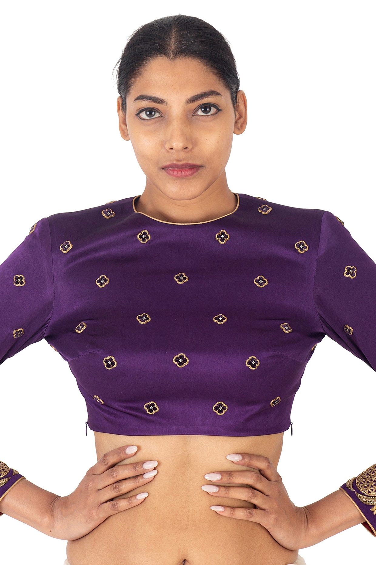 Purple Raw Silk Hand Embroidered Blouse with V Neckline and Elbow Sleeves