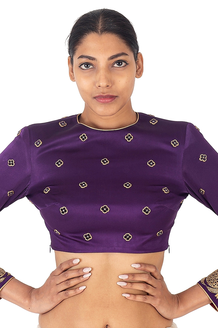 Deep Purple Satin Silk Floral Boota Hand Embroidered Blouse by Raw Mango