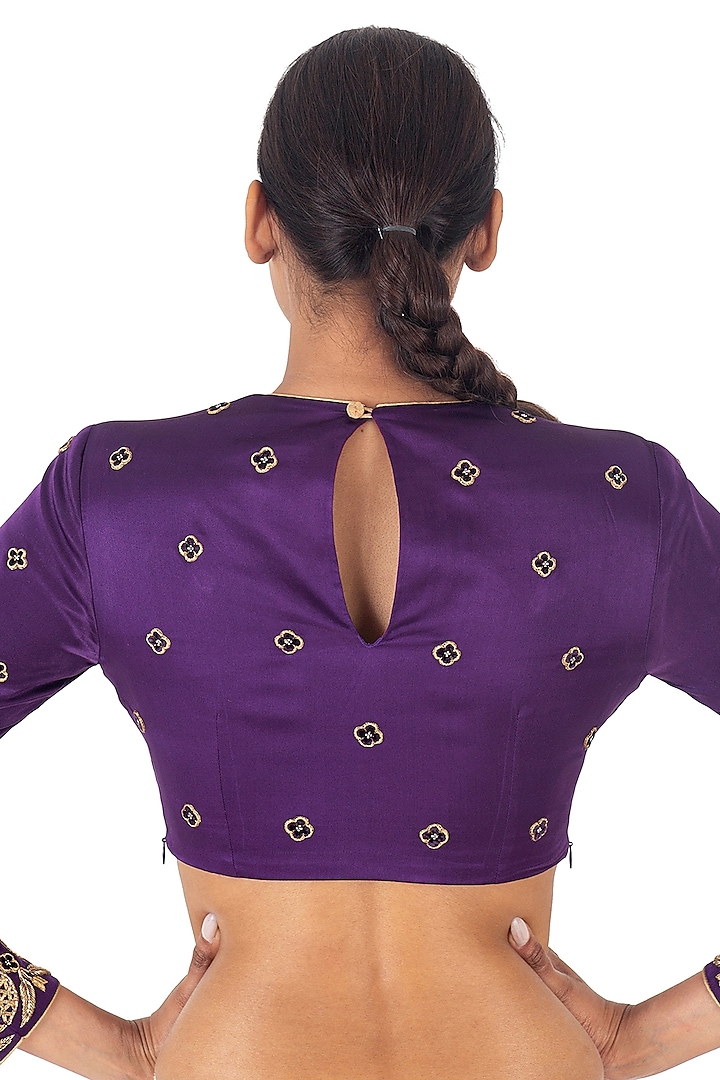 Deep Purple Satin Silk Floral Boota Hand Embroidered Blouse by Raw Mango at Pernia's Pop Up Shop