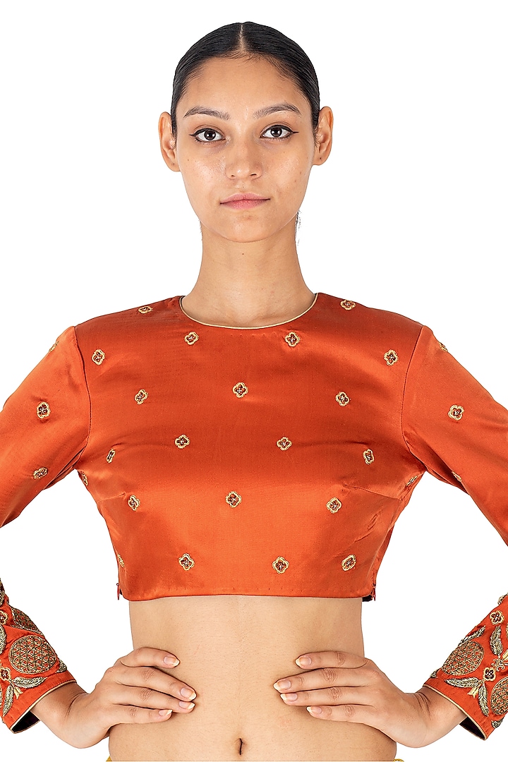 Rust Satin Silk Floral Boota Hand Embroidered Blouse by Raw Mango