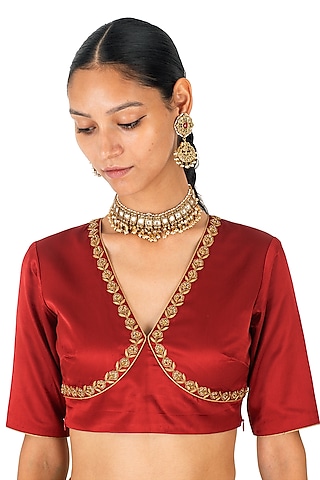 Buy Red Pure Silk Hand Embroidery Flower Square Neck Blouse For