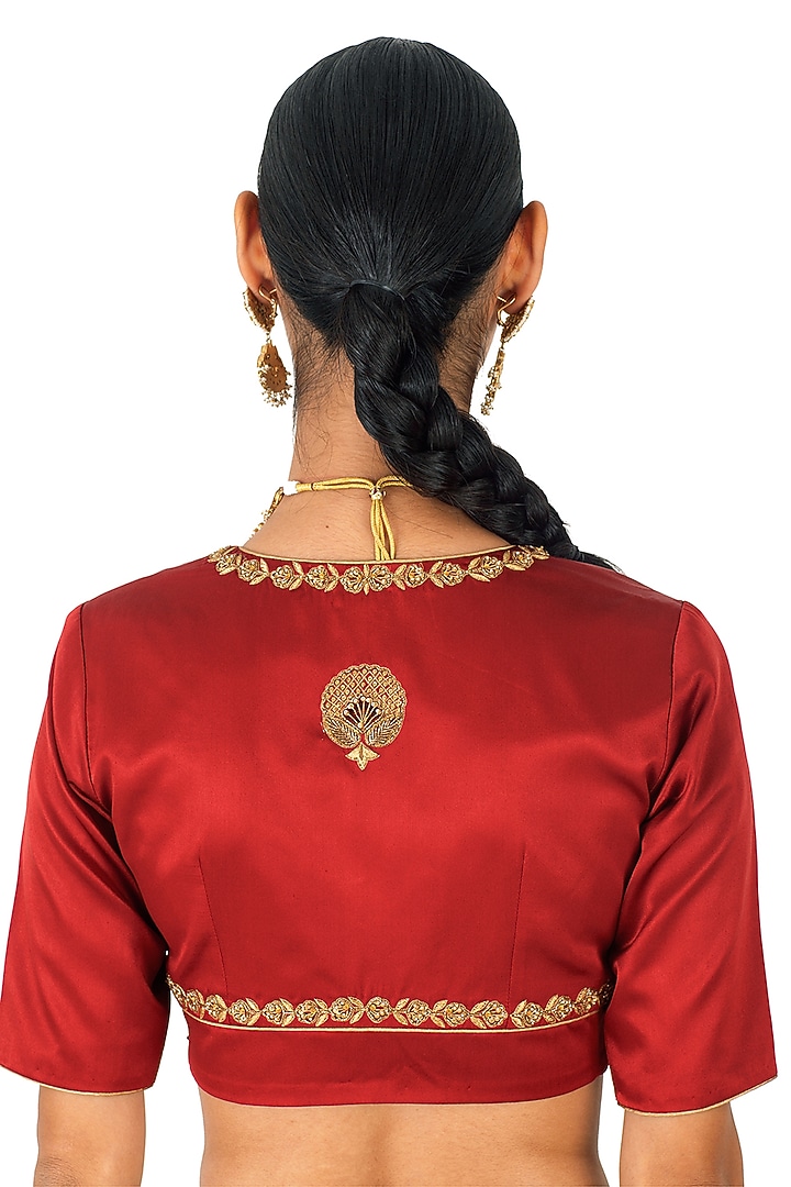 Brick Red Satin Silk Sequins Hand Embroidered Blouse by Raw Mango at Pernia's Pop Up Shop