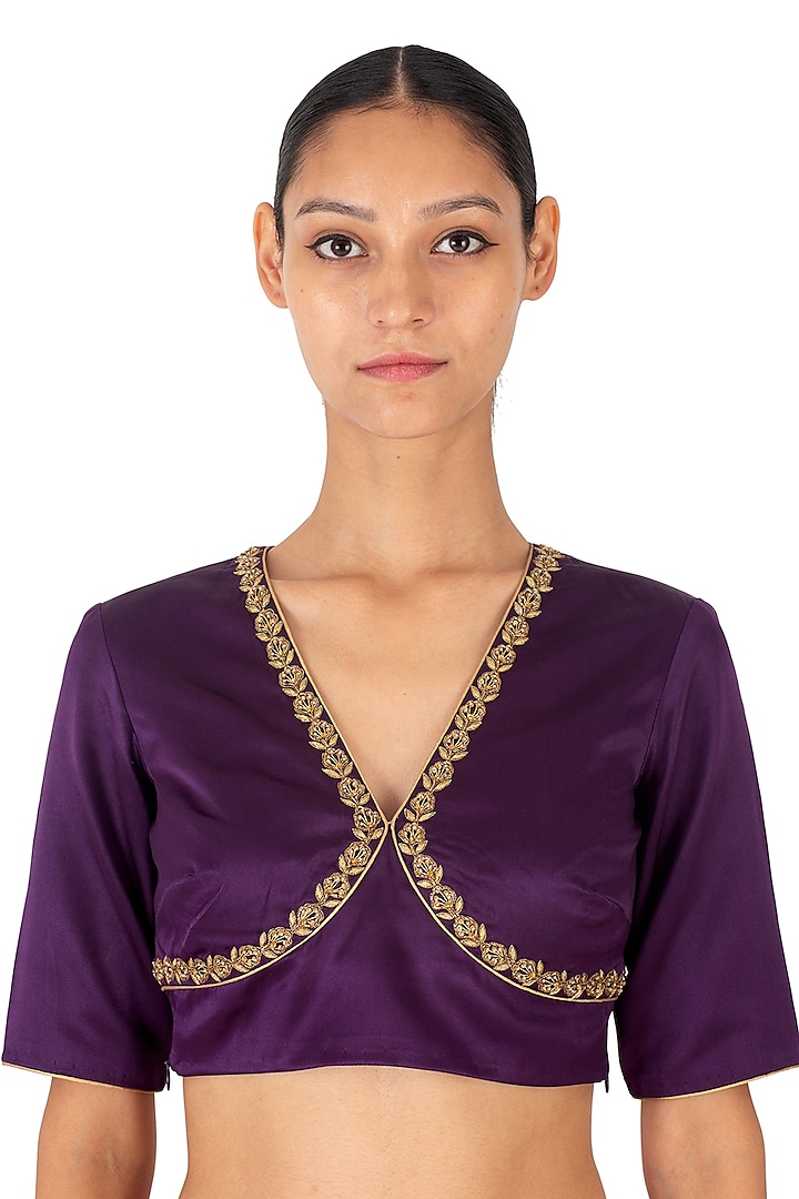 Deep Purple Satin Silk Sequins Hand Embroidered Blouse by Raw Mango