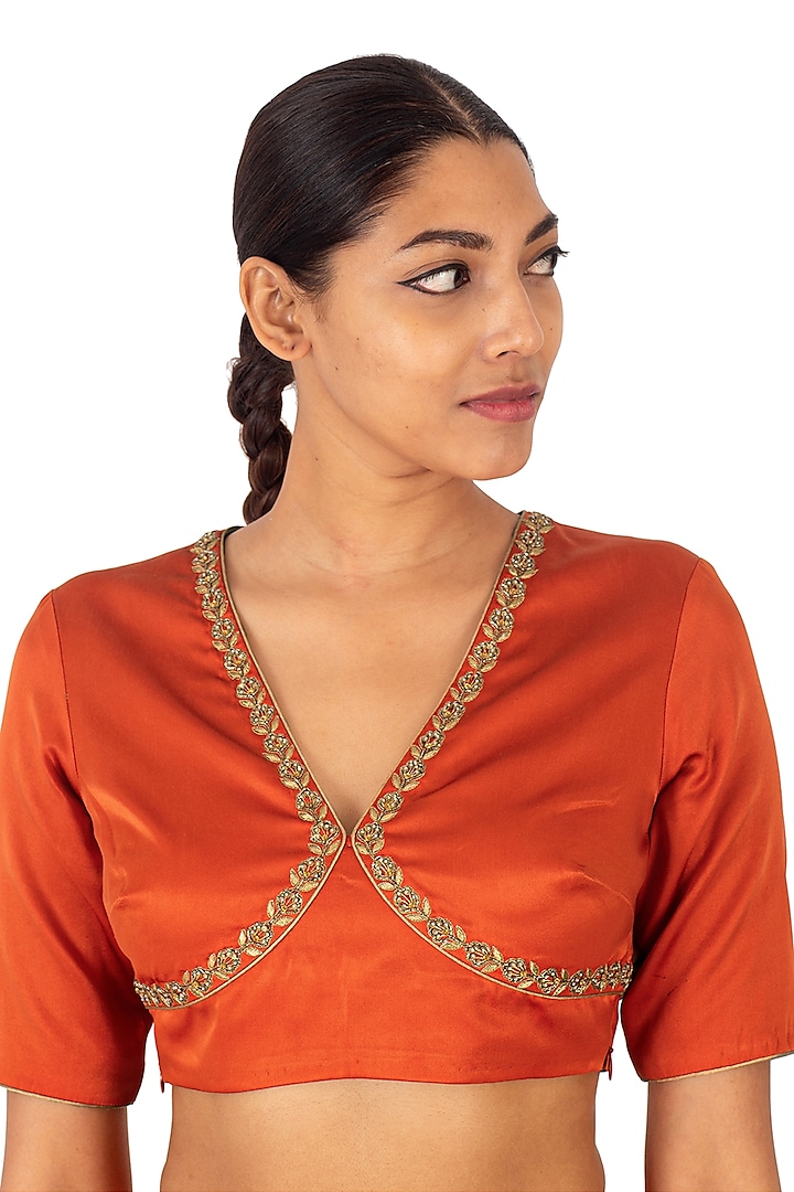 Rust Satin Silk Sequins Hand Embroidered Blouse by Raw Mango
