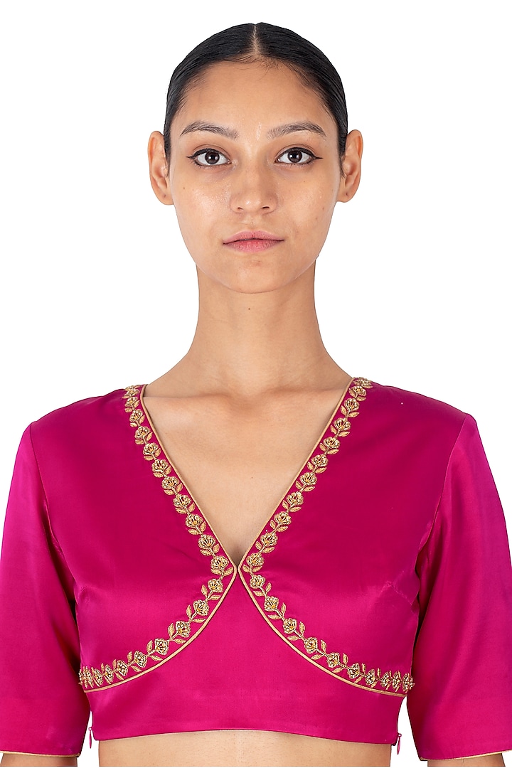 Rani Pink Satin Silk Sequins Hand Embroidered Blouse by Raw Mango