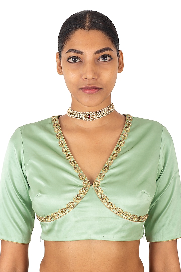 Mint Green Satin Silk Sequins Hand Embroidered Blouse by Raw Mango