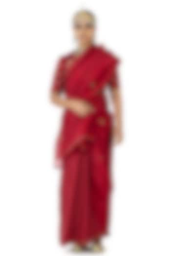 Red Sheer Organza Hand Embroidered Party Wear Saree by Raw Mango at Pernia's Pop Up Shop