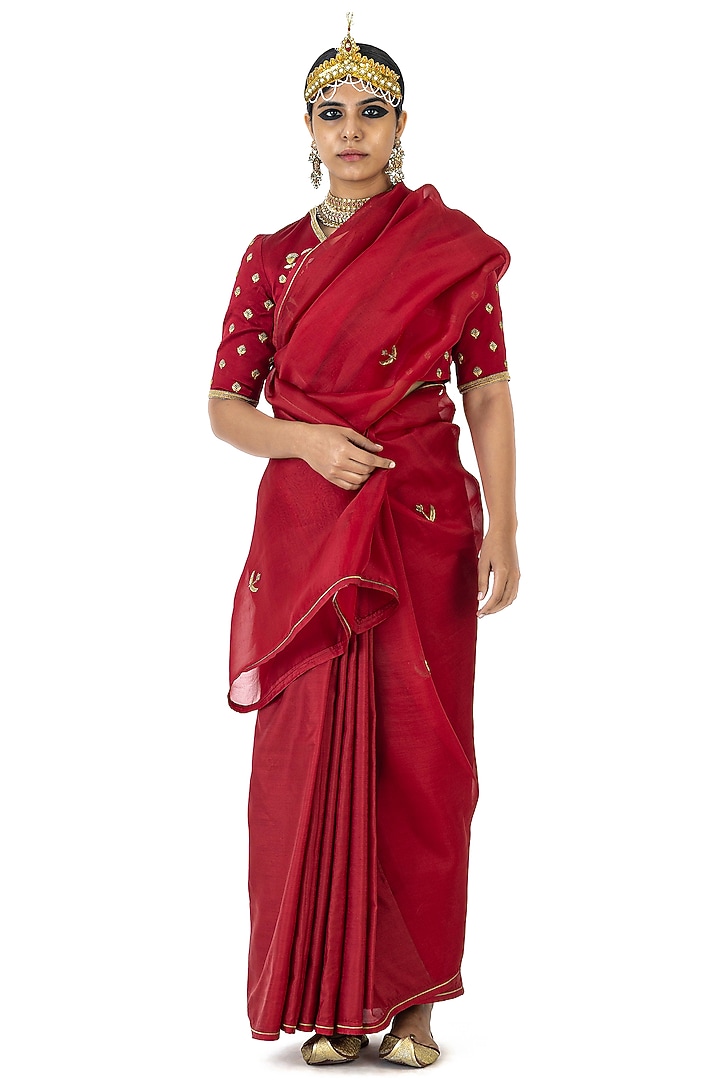 Red Sheer Organza Hand Embroidered Party Wear Saree by Raw Mango at Pernia's Pop Up Shop