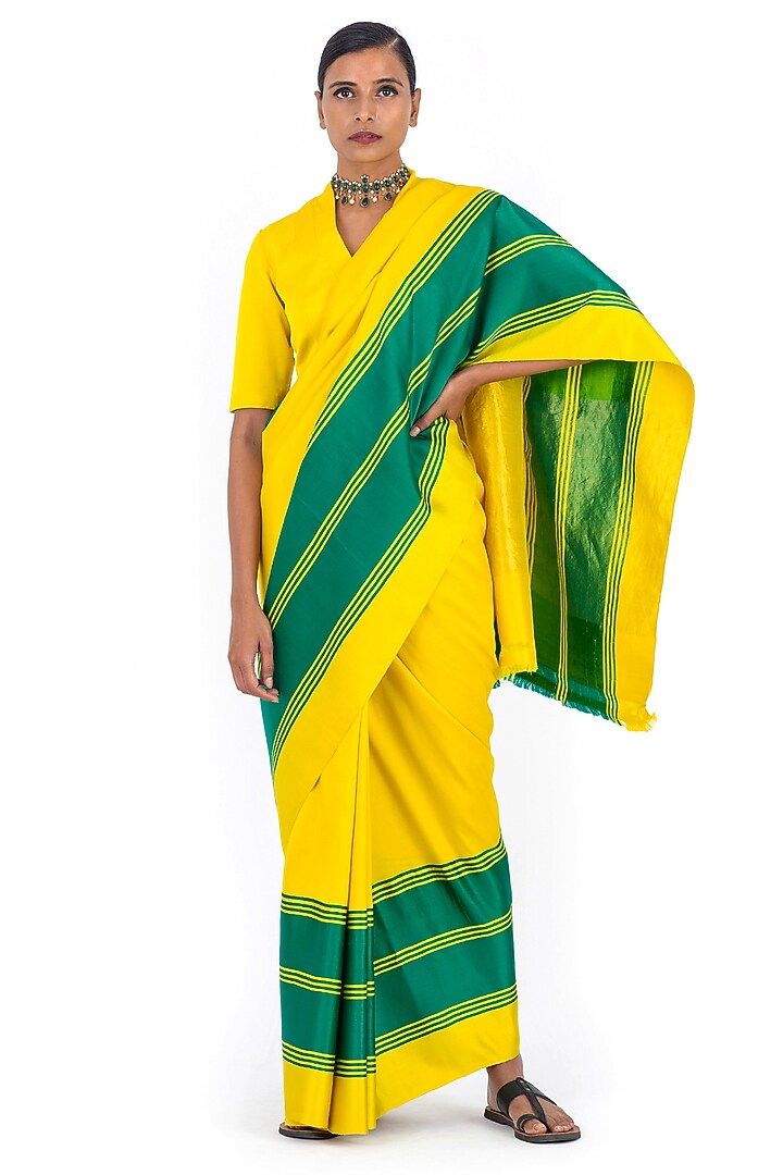 Yellow Silk Handwoven Mashru Party Wear Saree by Raw Mango at Pernia's Pop Up Shop