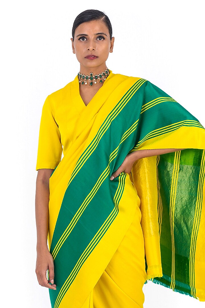 Yellow Silk Handwoven Mashru Party Wear Saree by Raw Mango at Pernia's Pop Up Shop