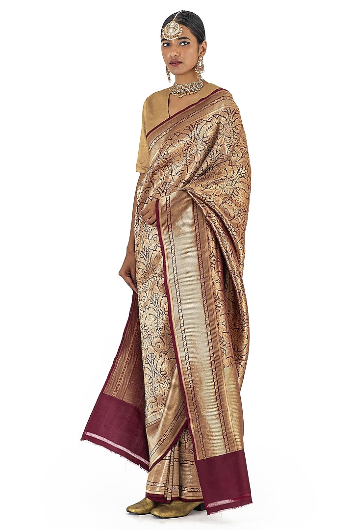 Maroon Varanasi Silk Brocade Handwoven Saree by Raw Mango at Pernia's Pop Up Shop