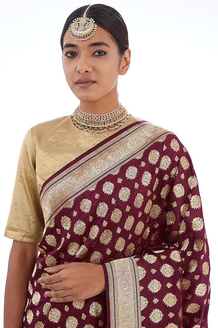 Devnaagri - Burgundy Saree with Raw Silk Blouse