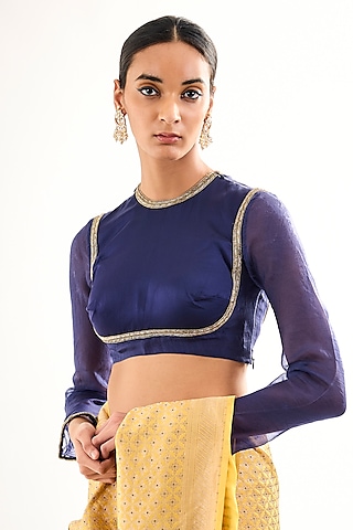 Blue Varanasi Silk Tissue Brocade Blouse by Raw Mango