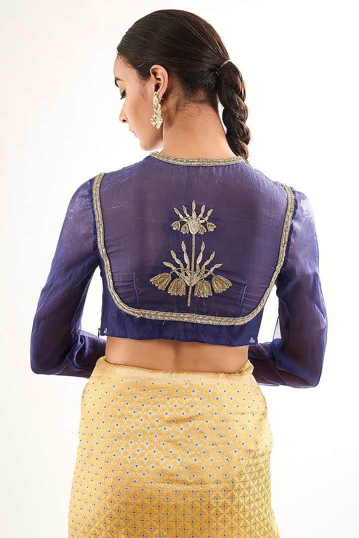 Blue Varanasi Silk Tissue Brocade Blouse by Raw Mango at Pernia's Pop Up Shop
