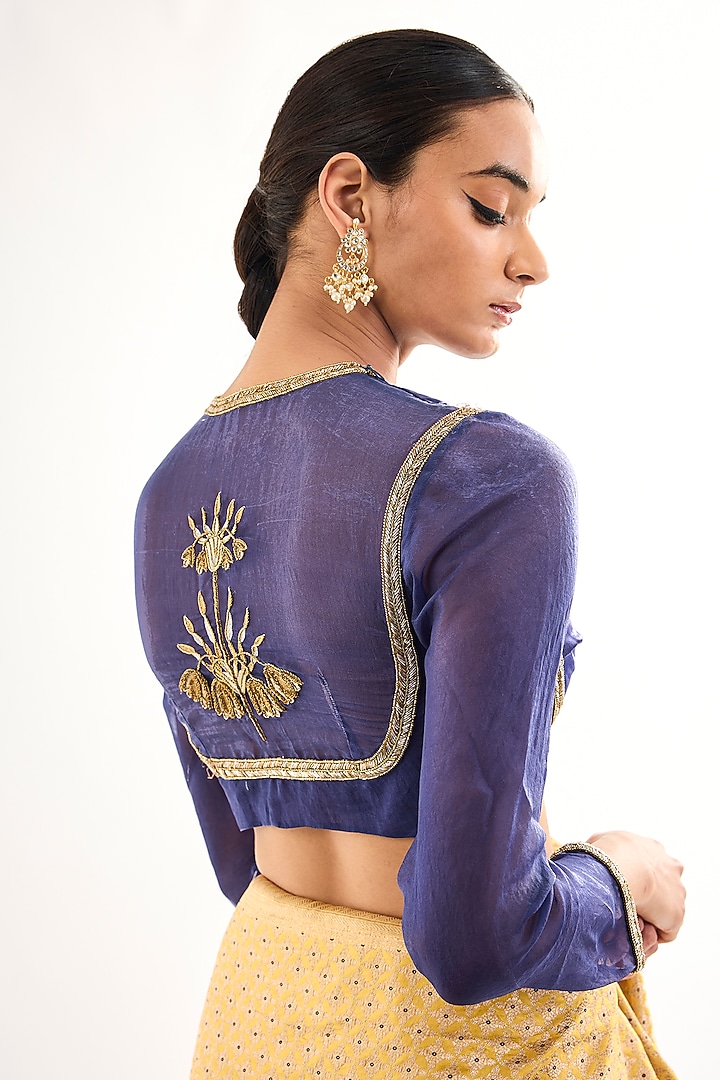 Blue Varanasi Silk Tissue Brocade Blouse by Raw Mango at Pernia's Pop Up Shop