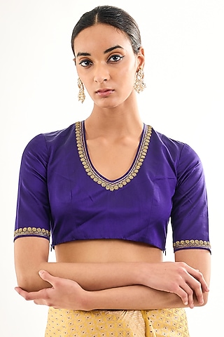 Purple Satin Silk Aari Embroidered Blouse by Raw Mango