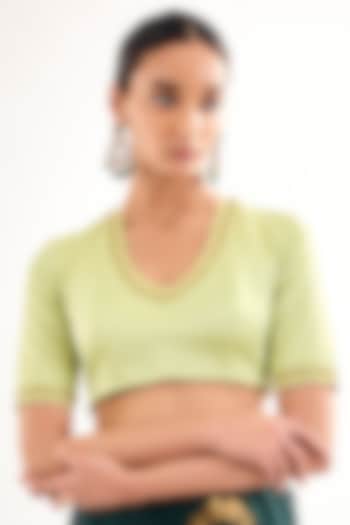 Angoori Green Satin Silk Aari Embroidered Blouse by Raw Mango at Pernia's Pop Up Shop