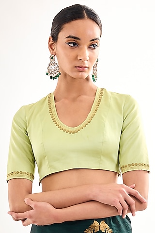 Angoori Green Satin Silk Aari Embroidered Blouse by Raw Mango
