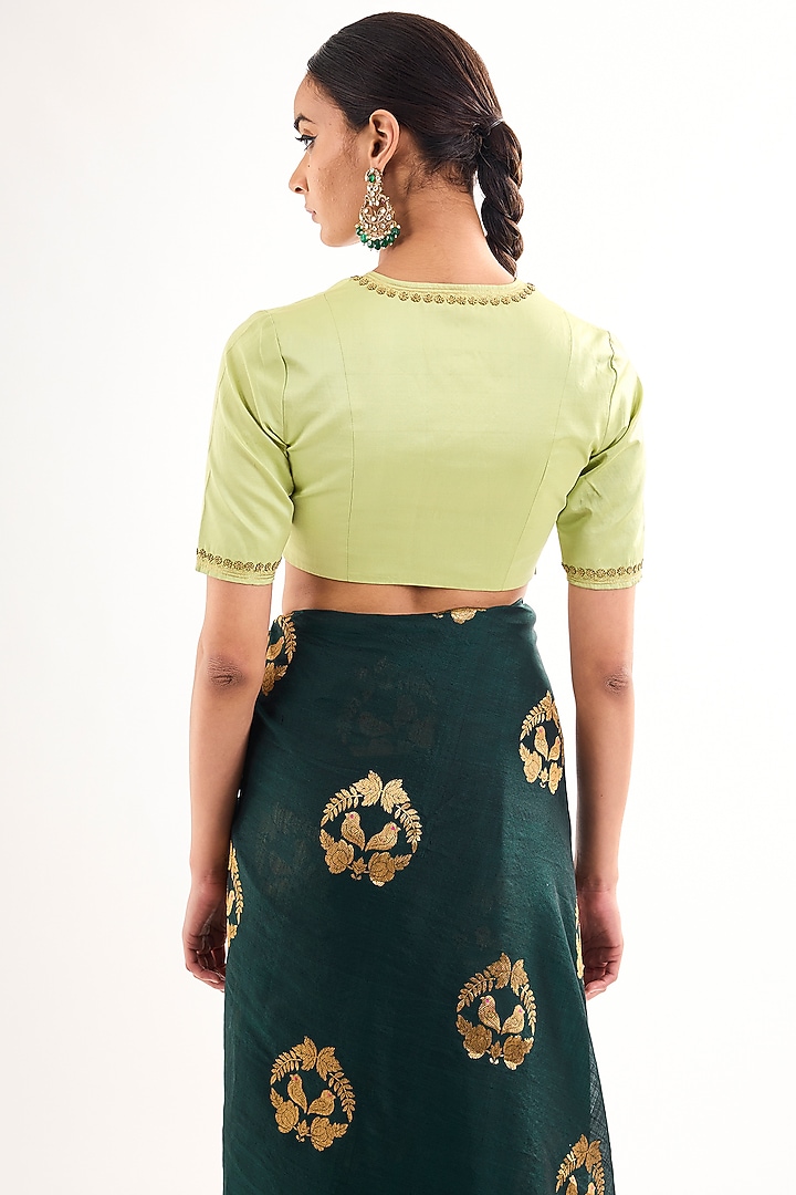 Angoori Green Satin Silk Aari Embroidered Blouse by Raw Mango at Pernia's Pop Up Shop