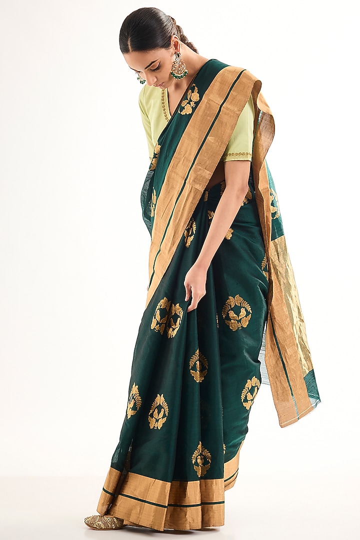Angoori Green Satin Silk Aari Embroidered Blouse by Raw Mango at Pernia's Pop Up Shop