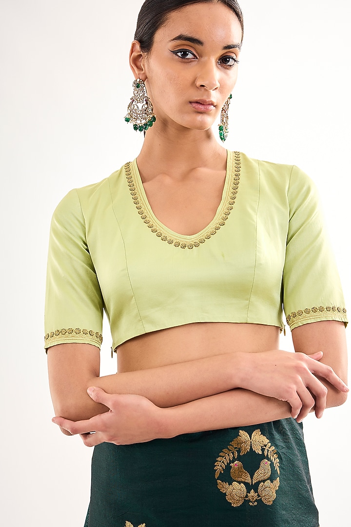 Angoori Green Satin Silk Aari Embroidered Blouse by Raw Mango at Pernia's Pop Up Shop