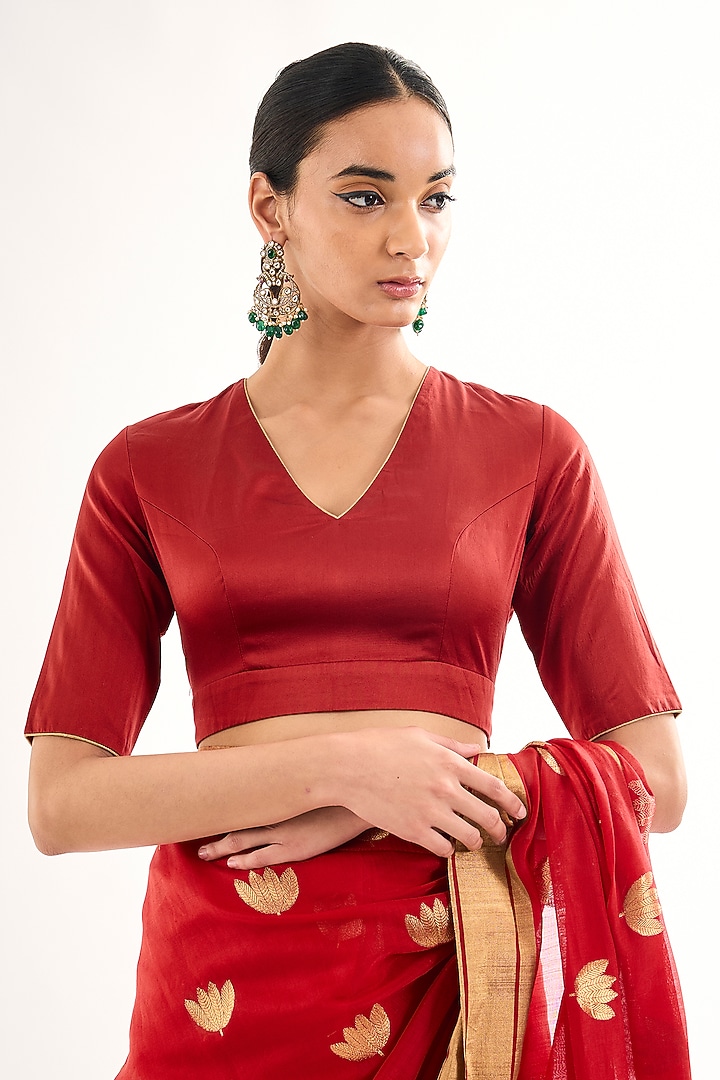 Red Satin Silk V-Neck Blouse by Raw Mango at Pernia's Pop Up Shop