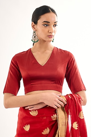 Red Satin Silk V-Neck Blouse by Raw Mango