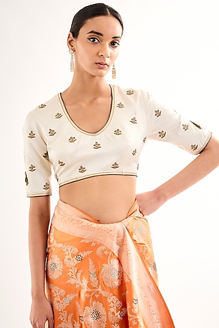 White Silk Floral Boota Embroidered Blouse by Raw Mango
