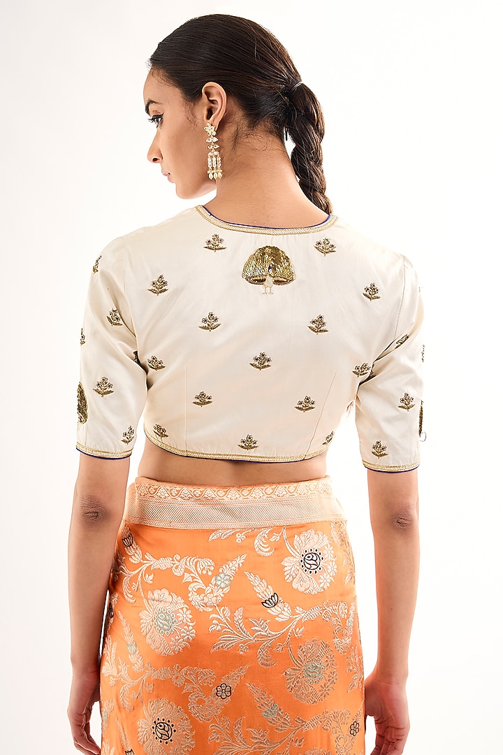White Silk Floral Boota Embroidered Blouse by Raw Mango at Pernia's Pop Up Shop