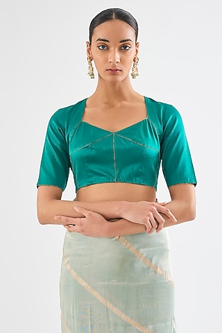 Green Satin Silk Blouse by Raw Mango