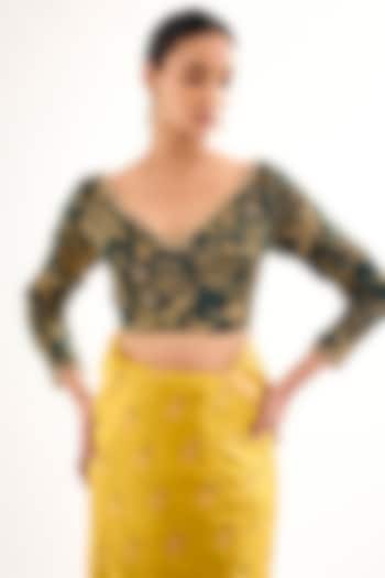 Emerald Green Satin Silk Floral Jaal Printed Blouse by Raw Mango at Pernia's Pop Up Shop