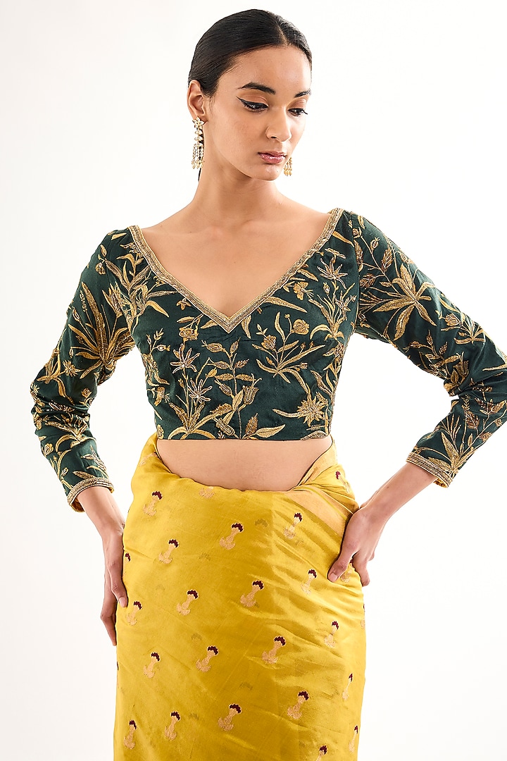 Emerald Green Satin Silk Floral Jaal Printed Blouse by Raw Mango at Pernia's Pop Up Shop