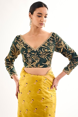 Emerald Green Satin Silk Floral Jaal Printed Blouse by Raw Mango
