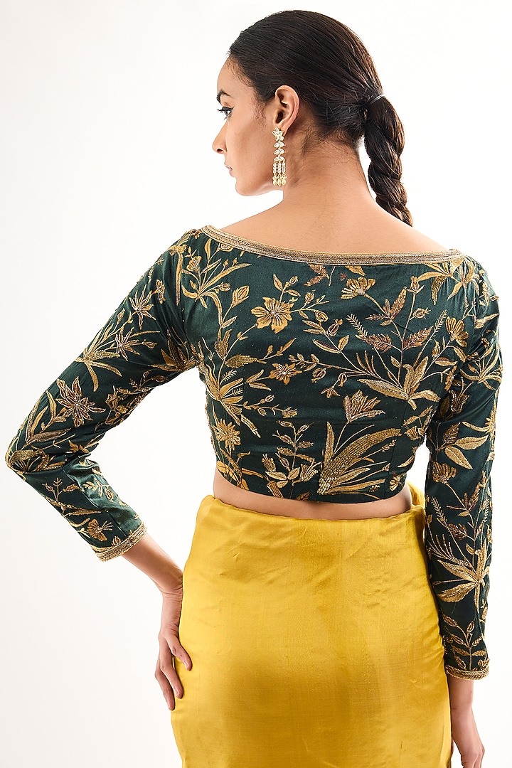Emerald Green Satin Silk Floral Jaal Printed Blouse by Raw Mango at Pernia's Pop Up Shop