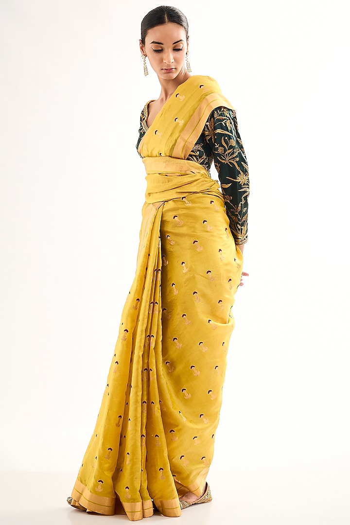 Emerald Green Satin Silk Floral Jaal Printed Blouse by Raw Mango at Pernia's Pop Up Shop