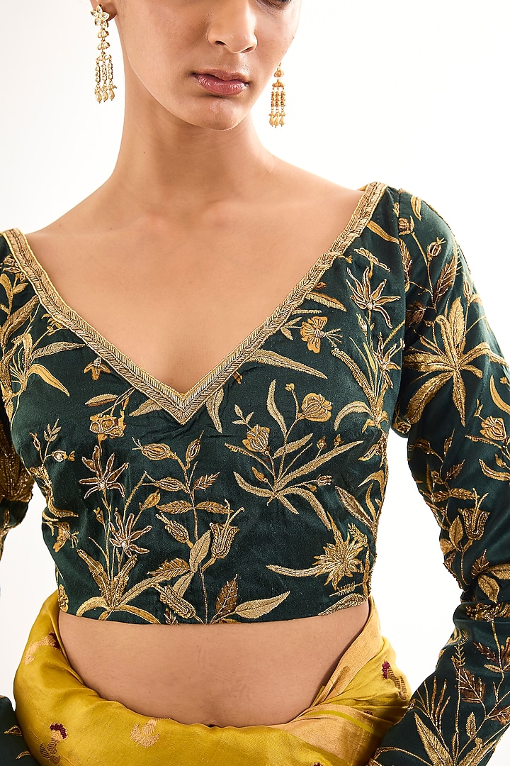 Emerald Green Satin Silk Floral Jaal Printed Blouse by Raw Mango at Pernia's Pop Up Shop