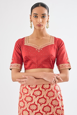 Red Varanasi Silk Brocade Blouse by Raw Mango