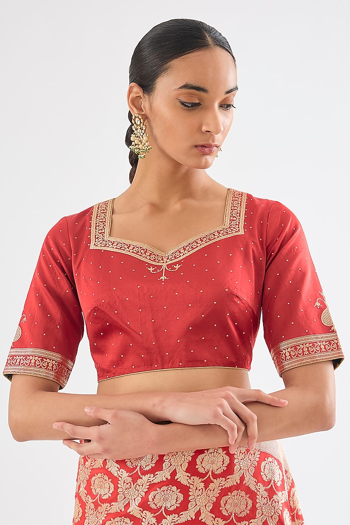 Red Varanasi Silk Brocade Blouse by Raw Mango at Pernia's Pop Up Shop