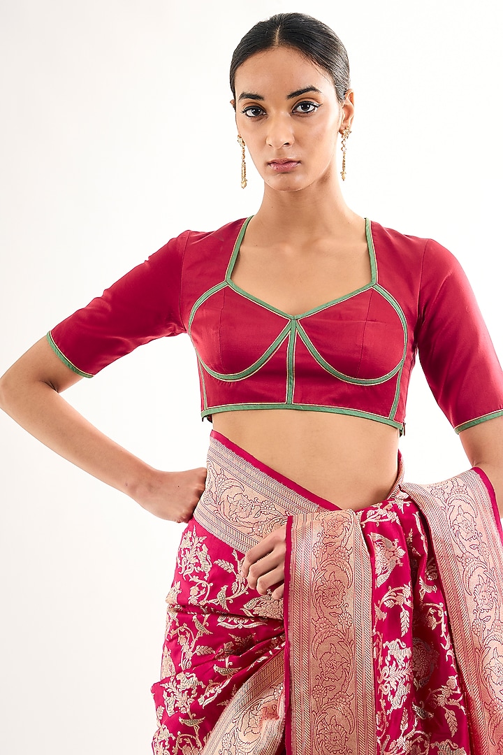 Red Mota Silk Zari Embroidered Blouse by Raw Mango at Pernia's Pop Up Shop