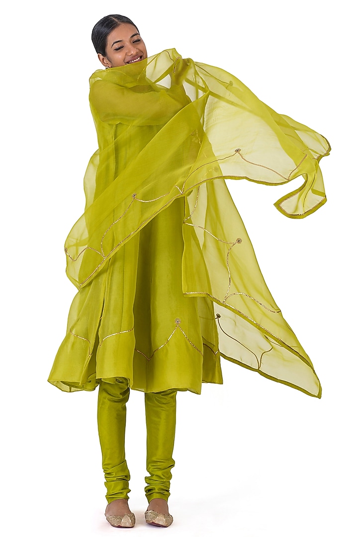 Lime Sheer Organza Gota Embroidered Dupatta by Raw Mango at Pernia's Pop Up Shop