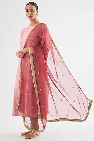 Maroon Organza Silk Floral Boota Dupatta by Raw Mango