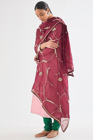 Maroon Organza Silk Zardosi Hand Embroidered Dupatta by Raw Mango