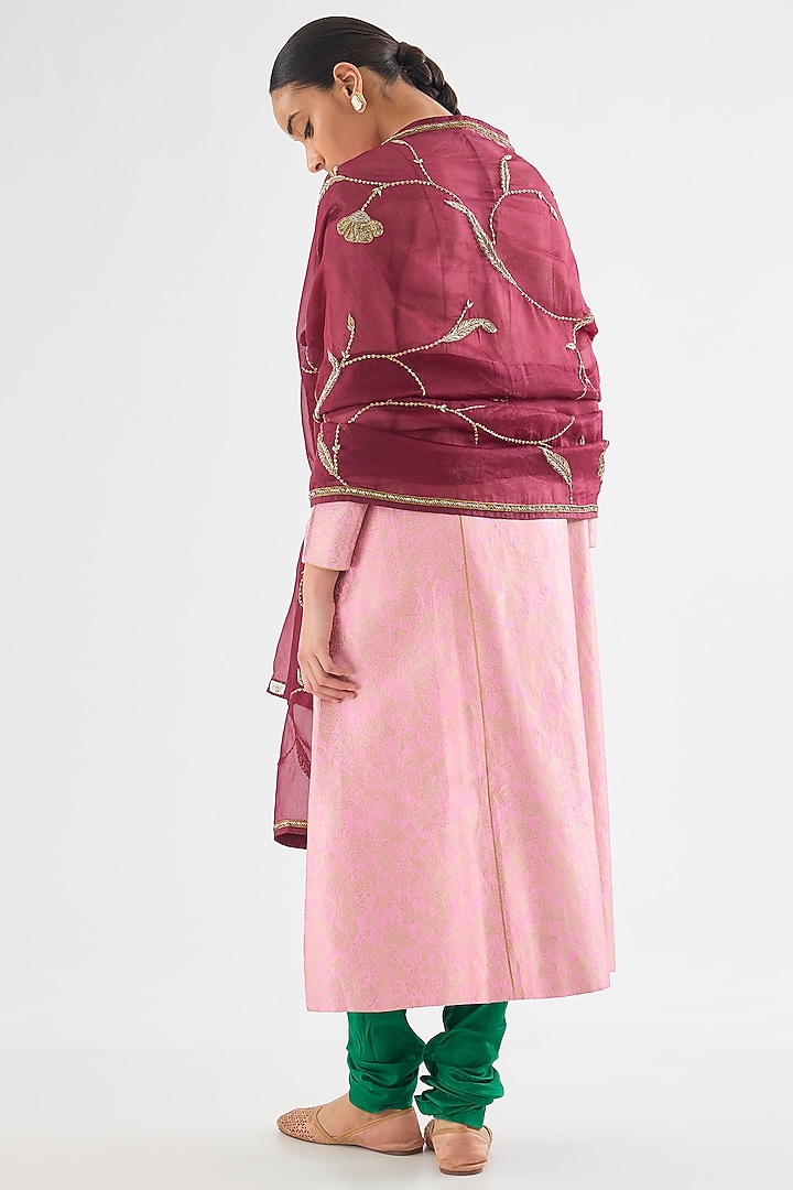 Maroon Organza Silk Zardosi Hand Embroidered Dupatta by Raw Mango at Pernia's Pop Up Shop
