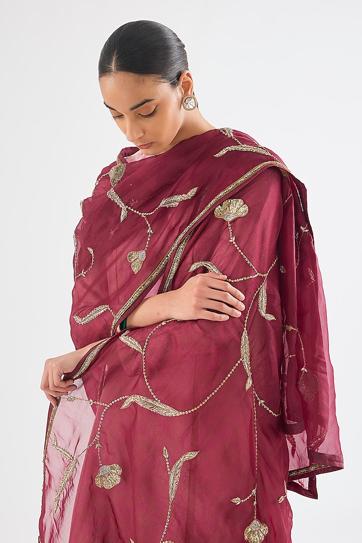 Maroon Organza Silk Zardosi Hand Embroidered Dupatta by Raw Mango at Pernia's Pop Up Shop