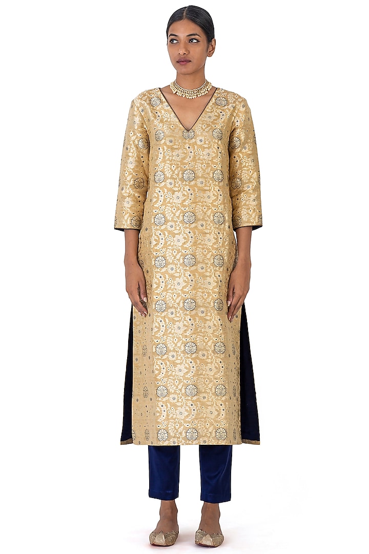 Beige Silk Brocade Kurta Set by Raw Mango at Pernia's Pop Up Shop