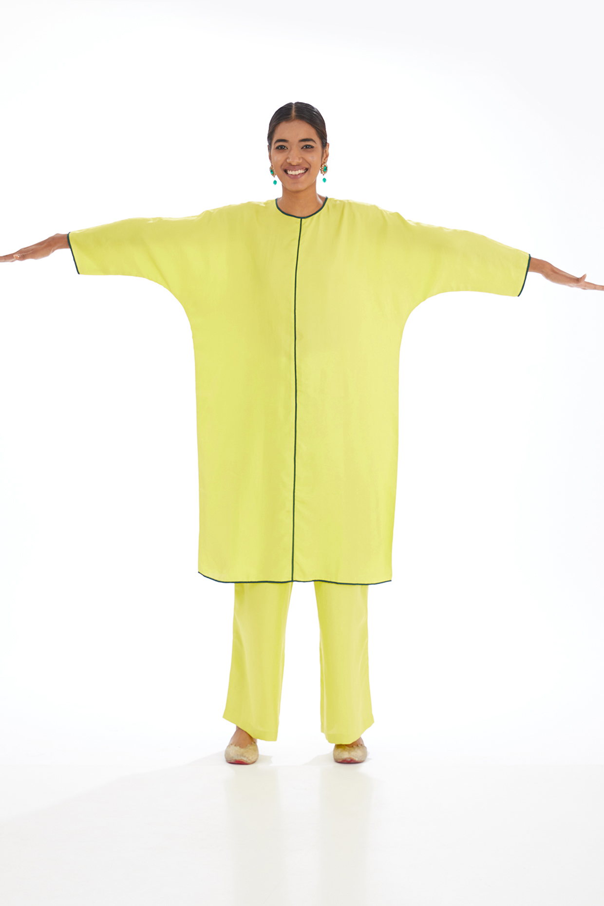 Lime Silk Twill Kurta Set by Raw Mango at Pernia's Pop Up Shop