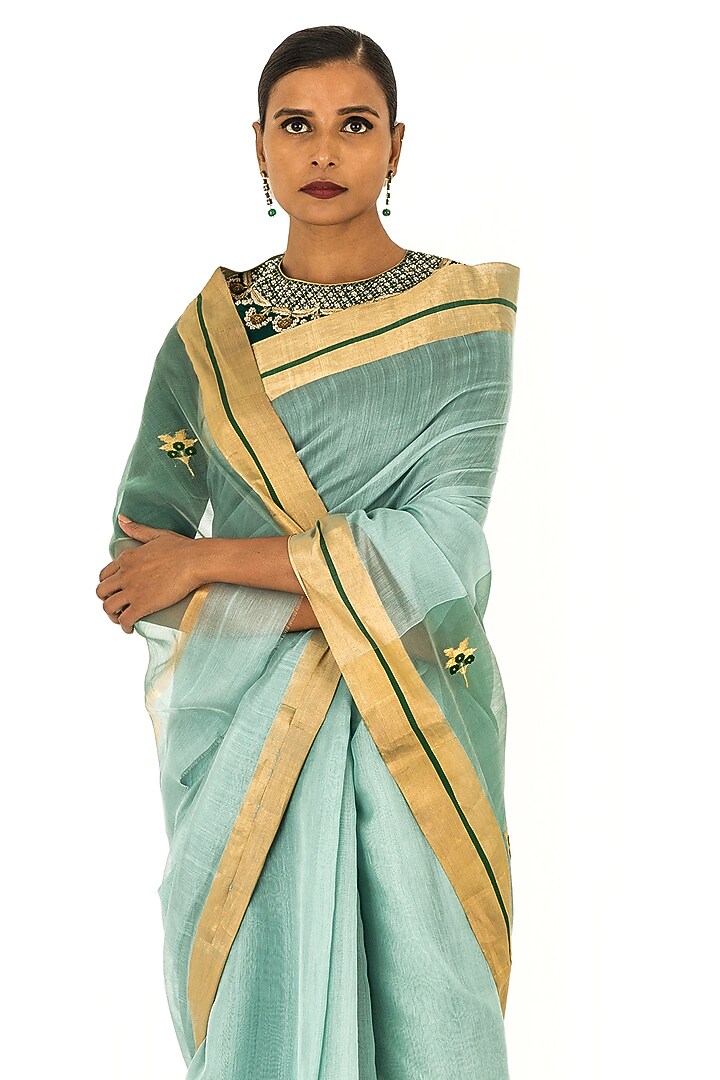 Pale Blue Chanderi Cotton Festive Saree by Raw Mango at Pernia's Pop Up Shop