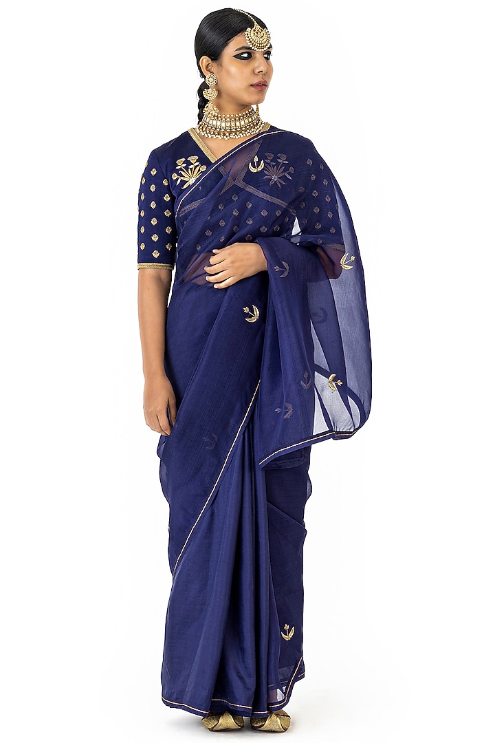 Indigo Silk & Organza Hand Embroidered Party Wear Saree by Raw Mango at Pernia's Pop Up Shop