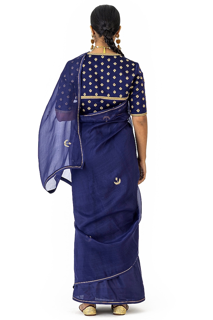 Indigo Silk & Organza Hand Embroidered Party Wear Saree by Raw Mango at Pernia's Pop Up Shop