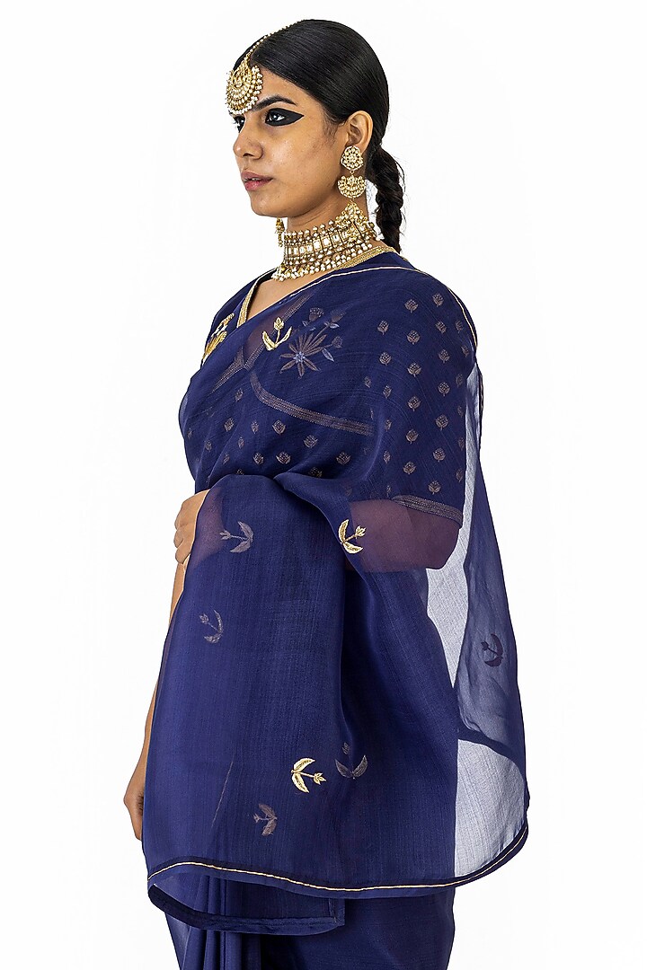 Indigo Silk & Organza Hand Embroidered Party Wear Saree by Raw Mango at Pernia's Pop Up Shop